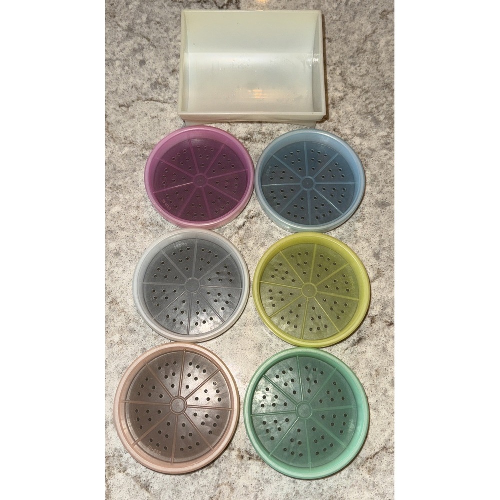 Vintage Tupperware 567 Wagon Wheel 6 Coaster Set w Caddy Rack Holder Coasters